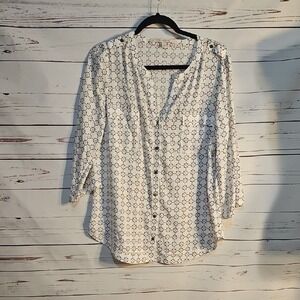 41‎ HAWTHORN Women's Blouse Top Button Down 3/4 Sleeve Geometric Print Size L